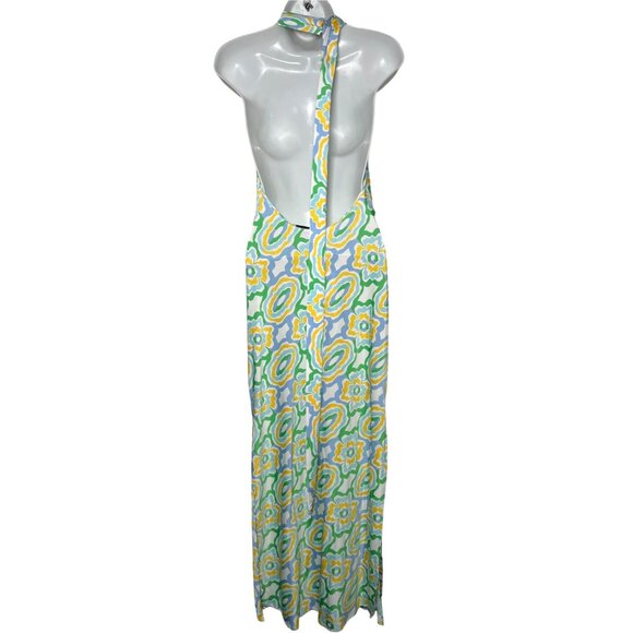 NWT ZARA Geometric Print Halter Maxi Dress Open Back Retro Green Yellow Small - Picture 13 of 16